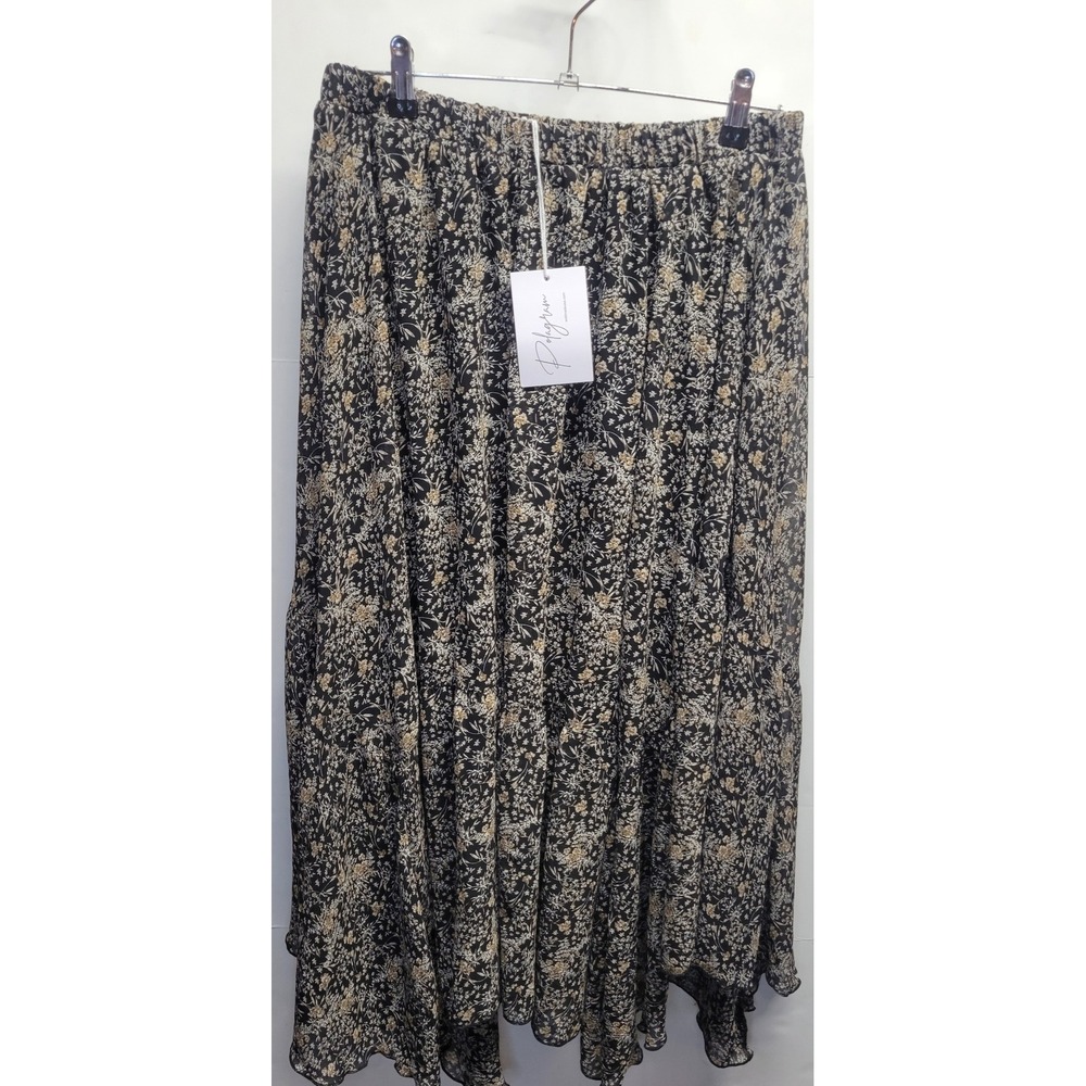 NWT Polagram Black Floral‎ Midi Skirt Boho Elastic Waist Flowy Ruffle L